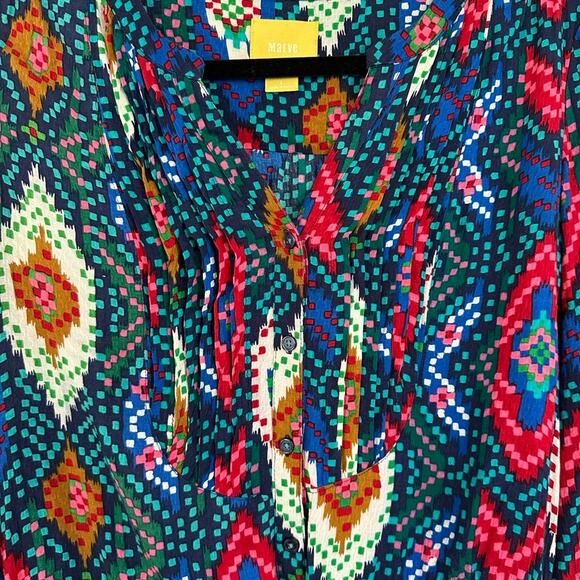 Maeve Anthropologie Pintuck Aztec Pattern Roll Tab Sleeve Tie Button Blouse 4 - Picture 2 of 11